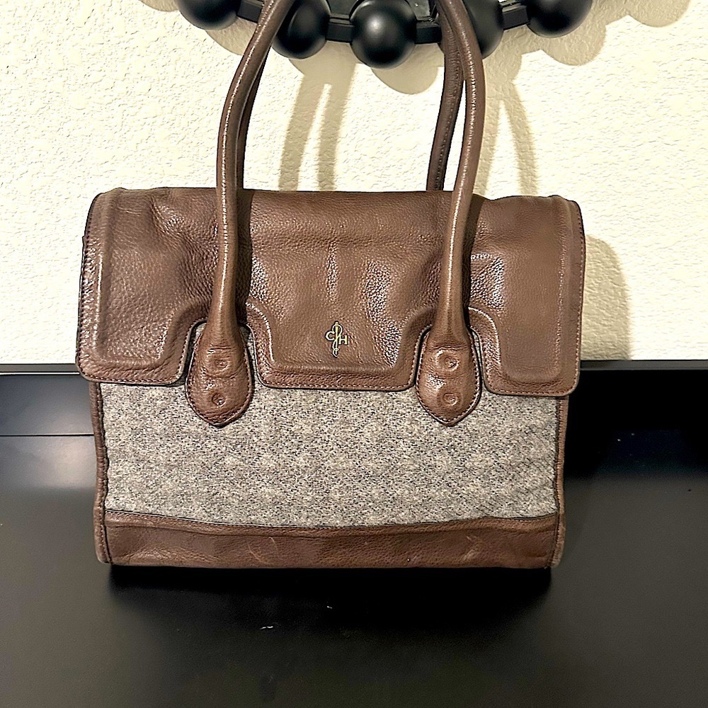 COLE HAAN Crossbody Chocolate brown leather and gray flannel bag